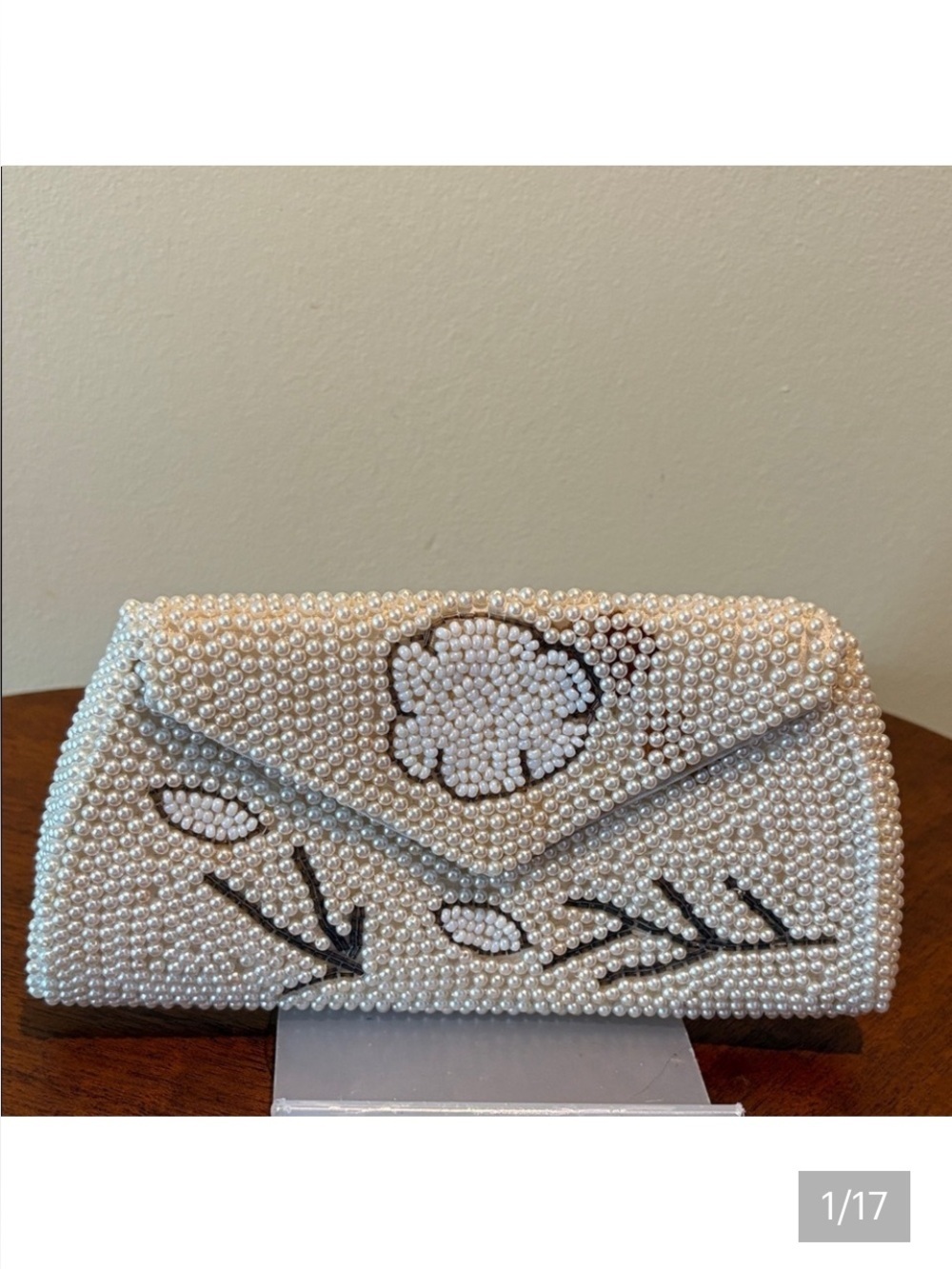Japanese beaded bag  clutch  ivory white gray  envelope style flap made in Japan